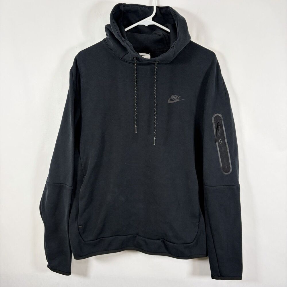 Nike Tech Hoodie Mens Size Medium Black Drawstring Zipper Sleeve Pocket